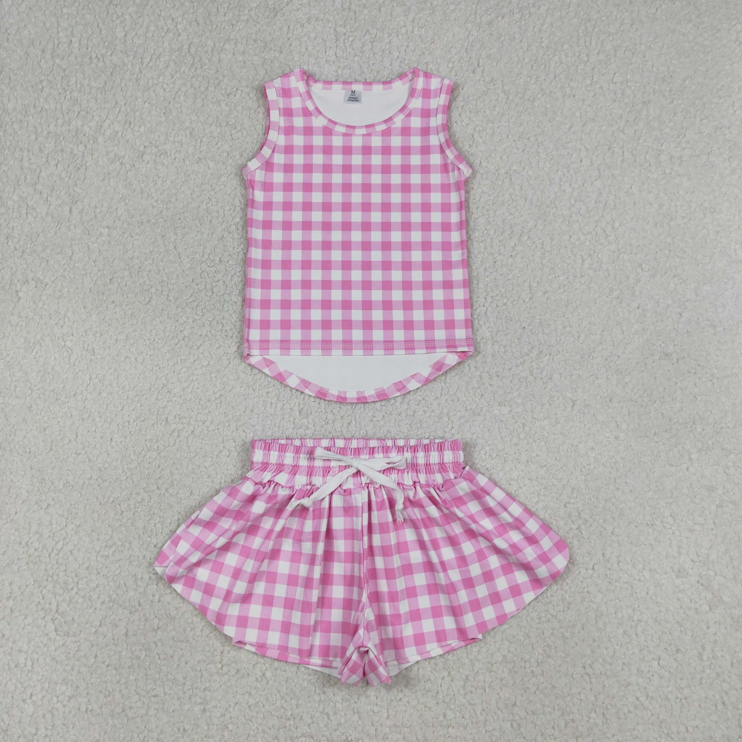 GSSO3478 Rose Red Plaid Sleeveless with Double Layer Shorts Girls Yoga Sets 202604 RTS