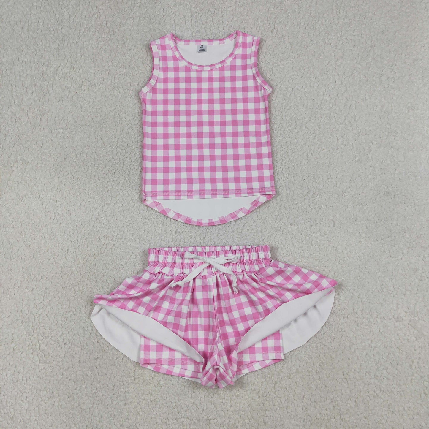 GSSO3478 Rose Red Plaid Sleeveless with Double Layer Shorts Girls Yoga Sets 202604 RTS
