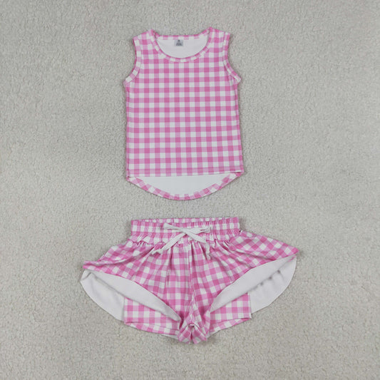 GSSO3478 Rose Red Plaid Sleeveless with Double Layer Shorts Girls Yoga Sets 202604 RTS