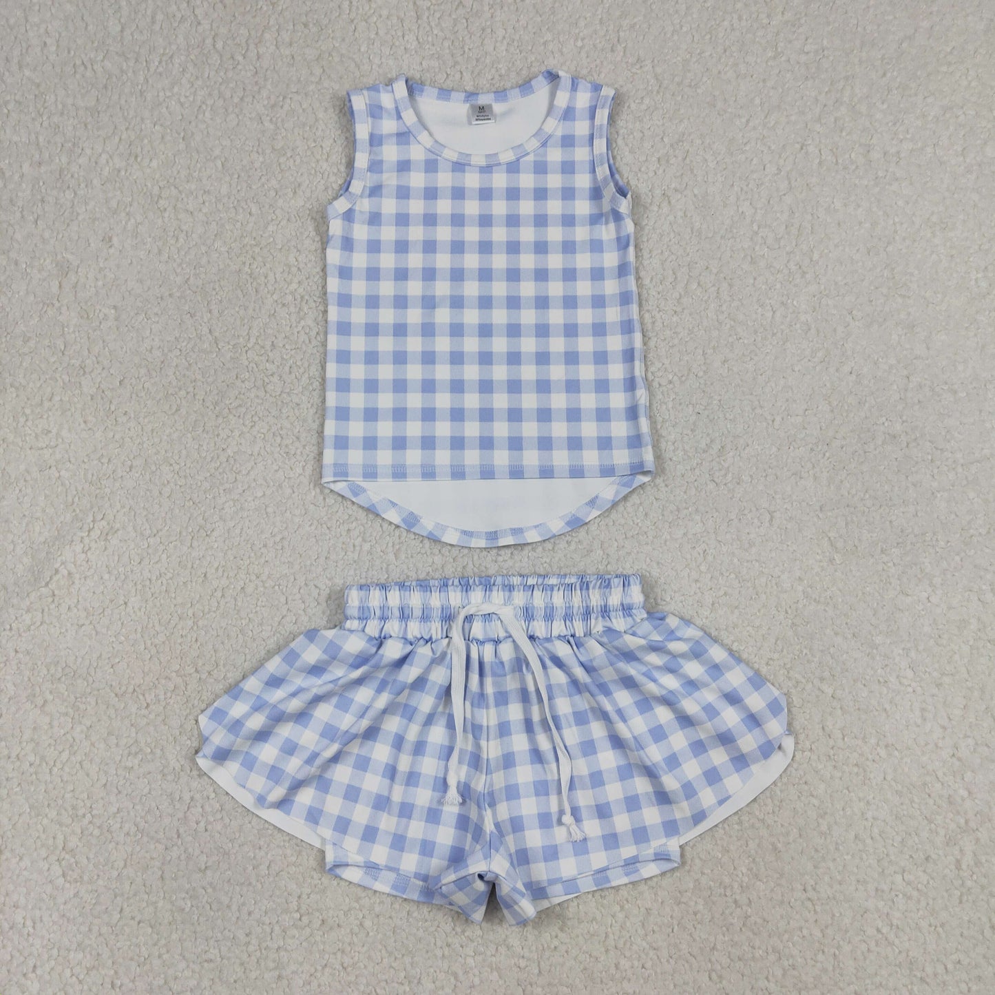 GSSO3479 Light Blue Plaid Sleeveless with Double Layer Shorts Girls Yoga Sets 202604 RTS