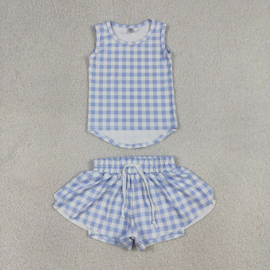 GSSO3479 Light Blue Plaid Sleeveless with Double Layer Shorts Girls Yoga Sets 202604 RTS
