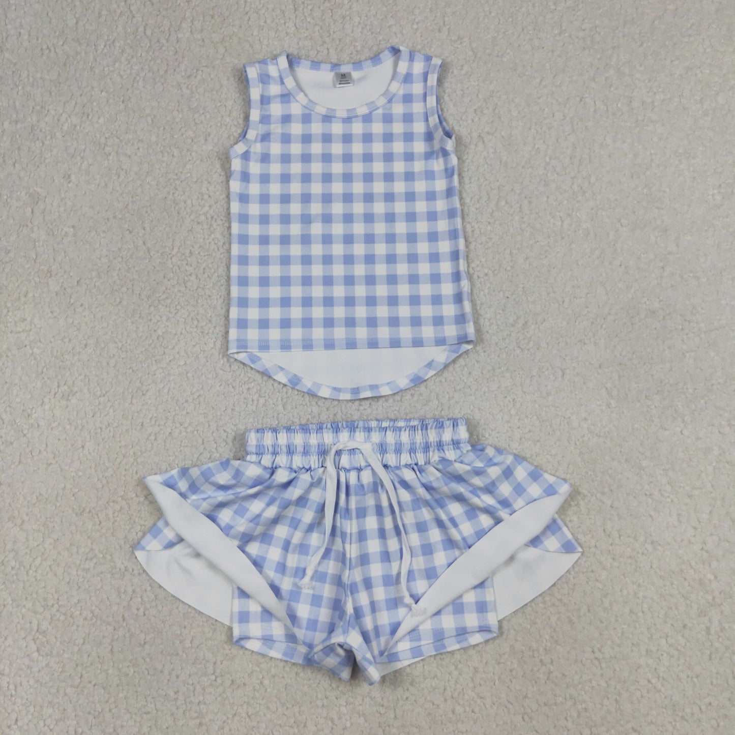 GSSO3479 Light Blue Plaid Sleeveless with Double Layer Shorts Girls Yoga Sets 202604 RTS