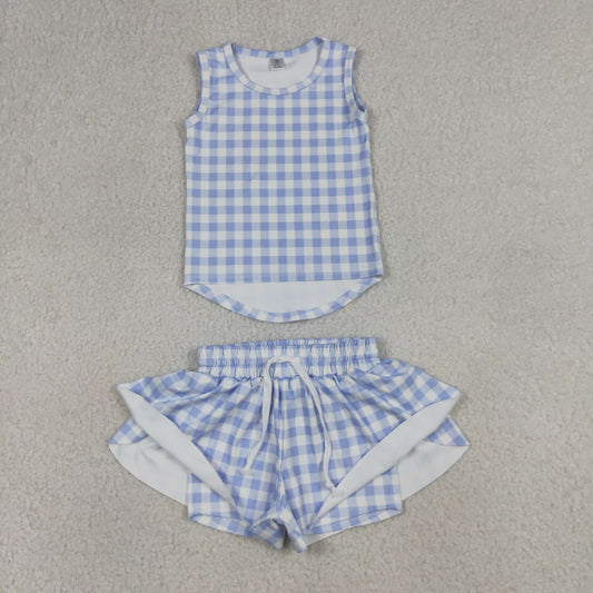 GSSO3479 Light Blue Plaid Sleeveless with Double Layer Shorts Girls Yoga Sets 202604 RTS
