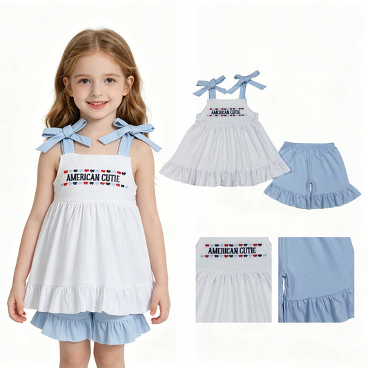 GSSO3480 Embroidered 4th of July American Cutie Letter Bows Blue Halter Ruffle Shorts Girls Sets 202605 RTS