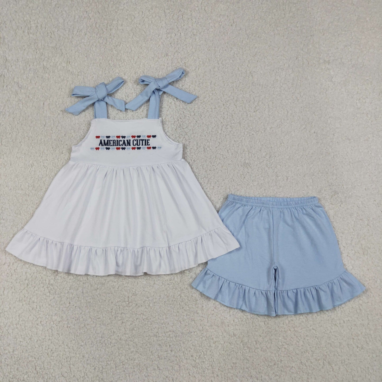 GSSO3480 Embroidered 4th of July American Cutie Letter Bows Blue Halter Ruffle Shorts Girls Sets 202605 RTS