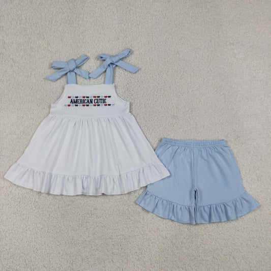 GSSO3480 Embroidered 4th of July American Cutie Letter Bows Blue Halter Ruffle Shorts Girls Sets 202605 RTS