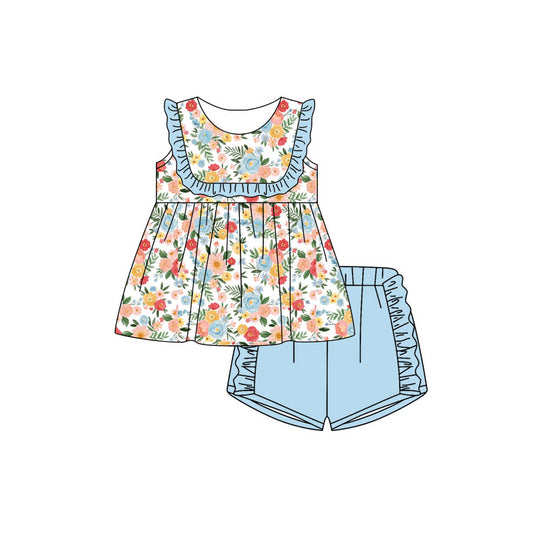 MOQ 5 PCS Preorder GSSO3481 Flower Leaf Blue Ruffle Sleeveless Shorts Girls Sets 202603