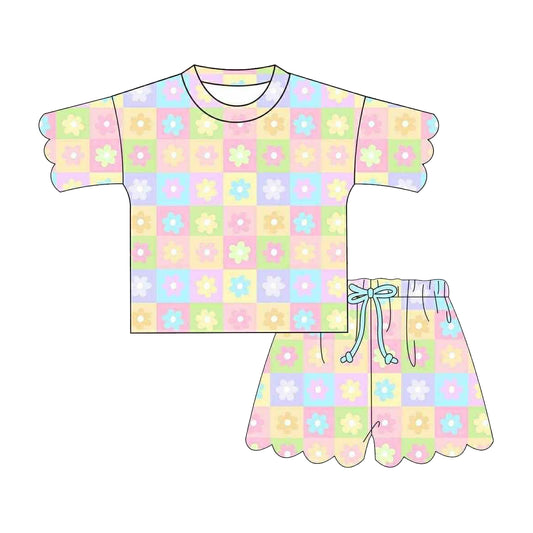 MOQ 30 PCS Preorder GSSO3482 Colored Flower Plaid Wave Ruffle Short Sleeve Shorts Girls Sets 202603