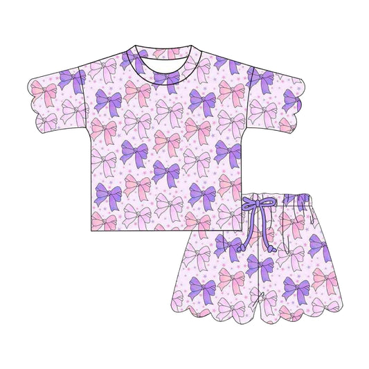 MOQ 30 PCS Preorder GSSO3483 Pink Purple Bows Star Wave Ruffle Short Sleeve Shorts Girls Sets 202603