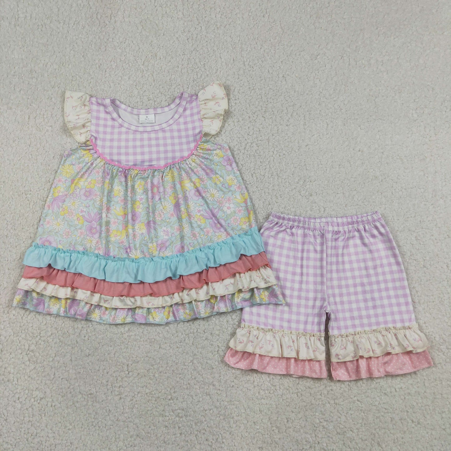 GSSO3485 Flower Dots Purple Plaid Ruffle Fly Sleeve Shorts Girls Sets 202605 RTS