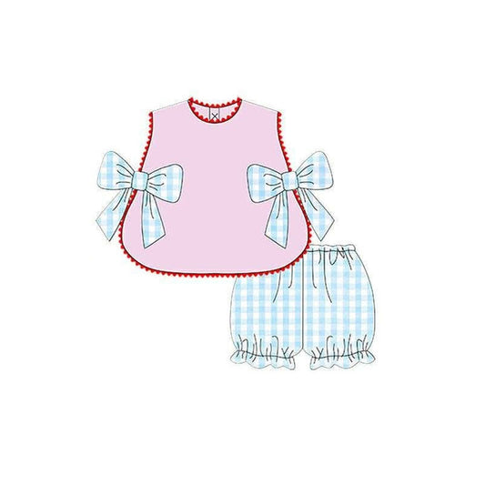 MOQ 5 PCS Preorder GSSO3486 Blue Plaid Bows Red Ruffle Pink Sleeveless Shorts Girls Sets 202603