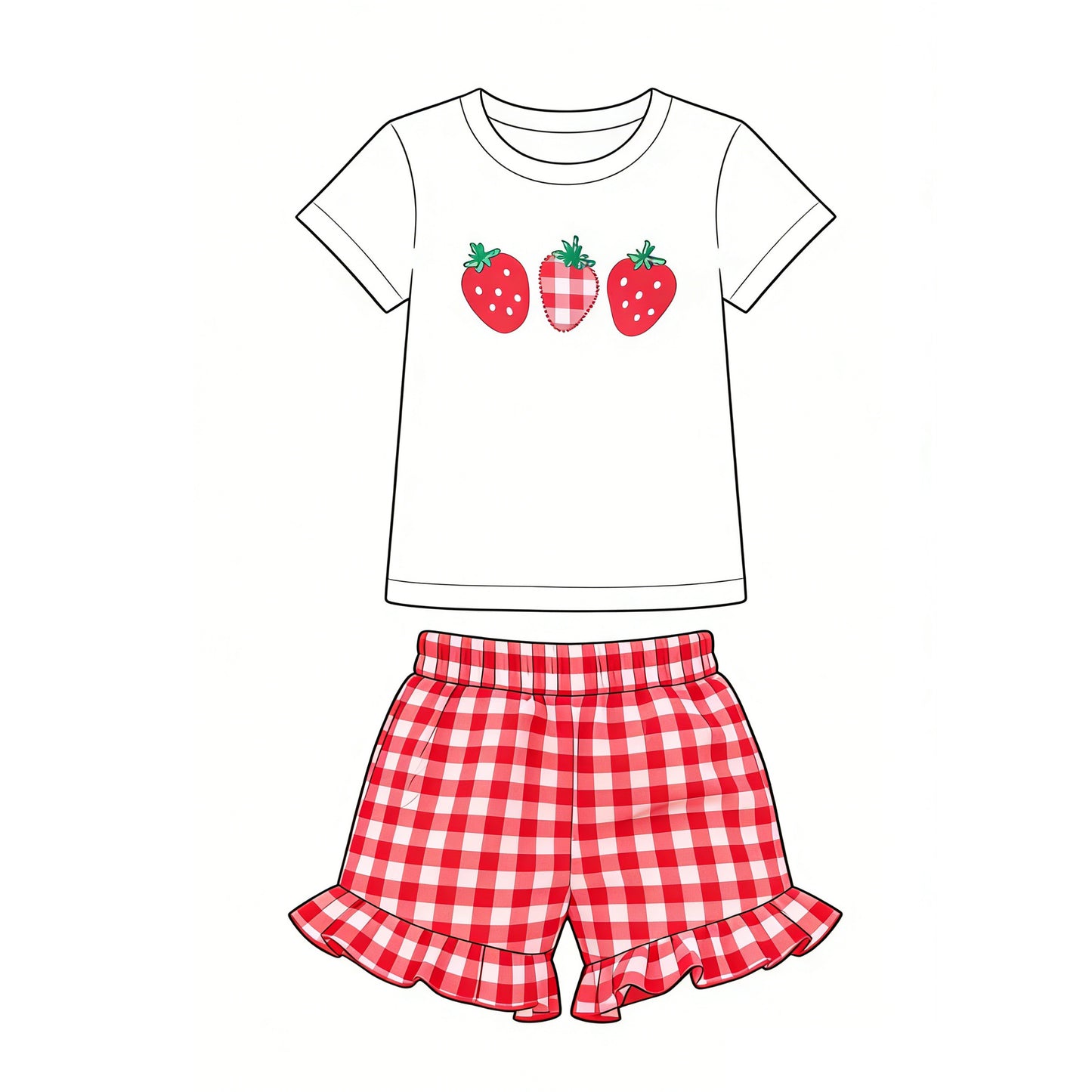 MOQ 5 PCS Preorder GSSO3488 Strawberry White Short Sleeve Red Plaid Shorts Girls Sets 202603
