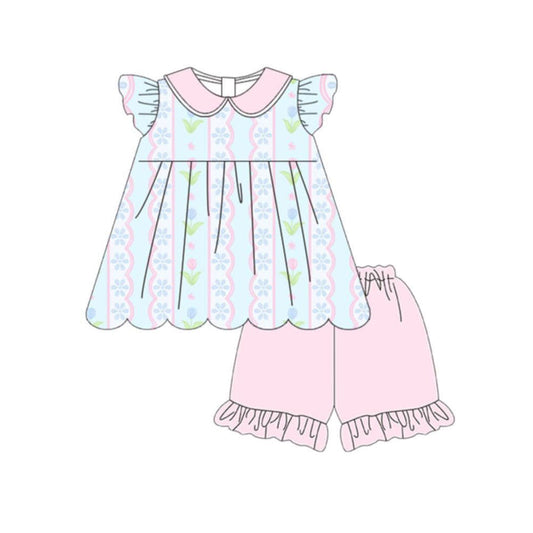 MOQ 30 PCS Preorder GSSO3490 Flower Wave Stripe Short Sleeve Ruffle Shorts Girls Sets 202603