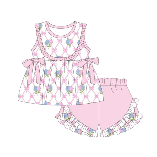 MOQ 5 PCS Preorder GSSO3492 Flower Pink Bows Ruffle Sleeveless Shorts Girls Sets 202603