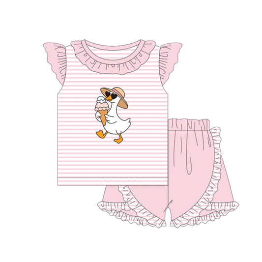 MOQ 5 PCS Preorder GSSO3493 Goose Ice Cream Pink Stripe Fly Sleeve Shorts Girls Sets 202603