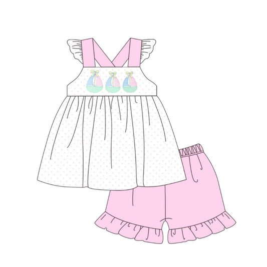 MOQ 5 PCS Preorder GSSO3494 Sailboat Dots Fly Sleeve Pink Ruffle Shorts Girls Sets 202603