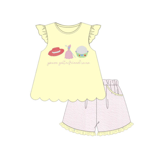 MOQ 5 PCS Preorder GSSO3495 Friend Letter Cartoon Hat Yellow Ruffle Fly Sleeve Pink Stripe Shorts Girls Sets 202603