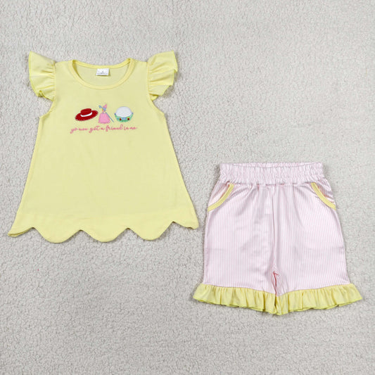GSSO3495 Embroidered Friend Letter Cartoon Hat Yellow Ruffle Fly Sleeve Pink Stripe Shorts Girls Sets 202606 RTS
