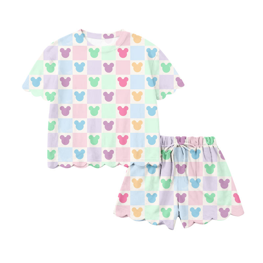 MOQ 30 PCS Preorder GSSO3496 Cartoon Mouse Colored Plaid Wave Ruffle Short Sleeve Shorts Girls Sets 202603