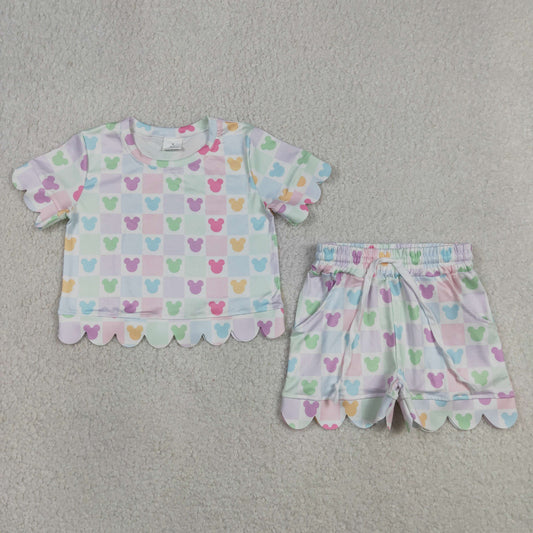 GSSO3496 Cartoon Mouse Colored Plaid Wave Ruffle Short Sleeve Shorts Girls Sets 202604 RTS
