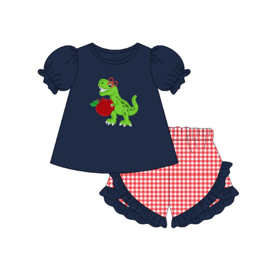 MOQ 5 PCS Preorder GSSO3499 Back to School Dinosaur Apple Navy Short Sleeve Ruffle Red Plaid Shorts Girls Sets 202603