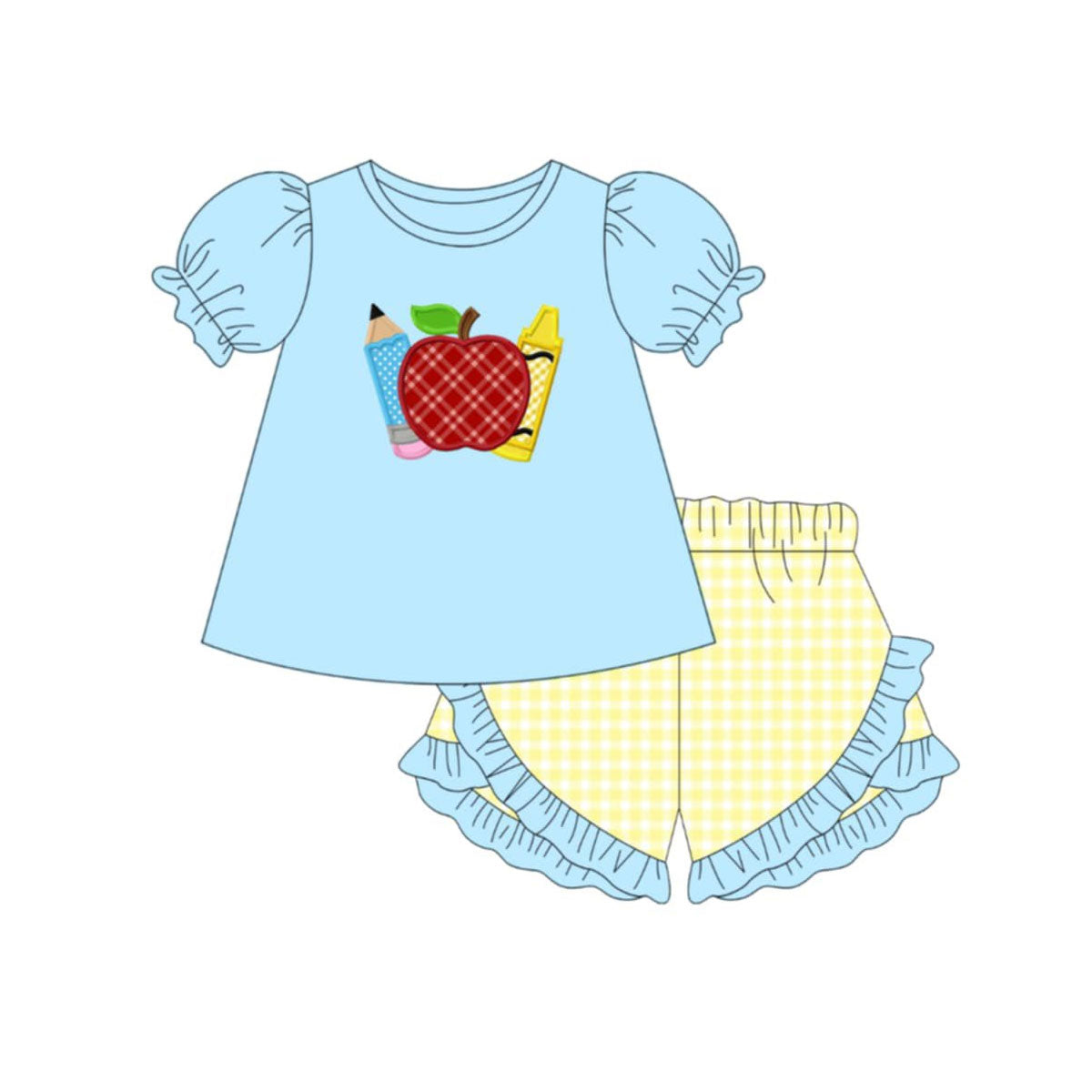 MOQ 5 PCS Preorder GSSO3500 Back to School Apple Pencil Blue Short Sleeve Ruffle Yellow Plaid Shorts Girls Sets 202603