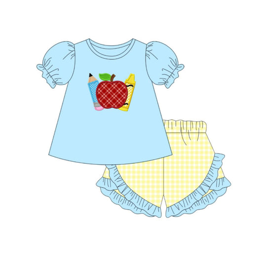 MOQ 5 PCS Preorder GSSO3500 Back to School Apple Pencil Blue Short Sleeve Ruffle Yellow Plaid Shorts Girls Sets 202603