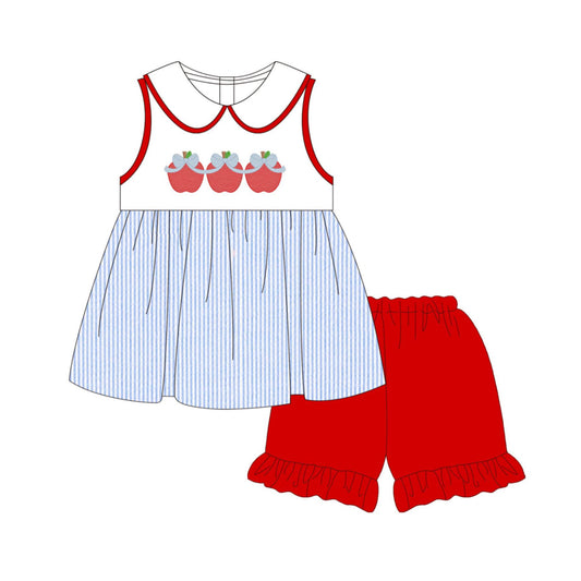 MOQ 5 PCS Preorder GSSO3501 Back to School Apple Bows Doll Collar Blue Stripe Sleeveless Red Ruffle Shorts Girls Sets 202603
