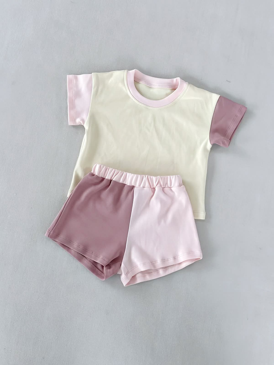 MOQ 5 PCS Preorder GSSO3503 Beige Pink Patchwork Short Sleeve Shorts Girls Sets 202603