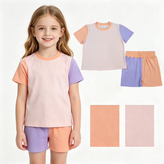 GSSO3504 Blue Pink Patchwork Short Sleeve Shorts Girls Sets 202604 RTS