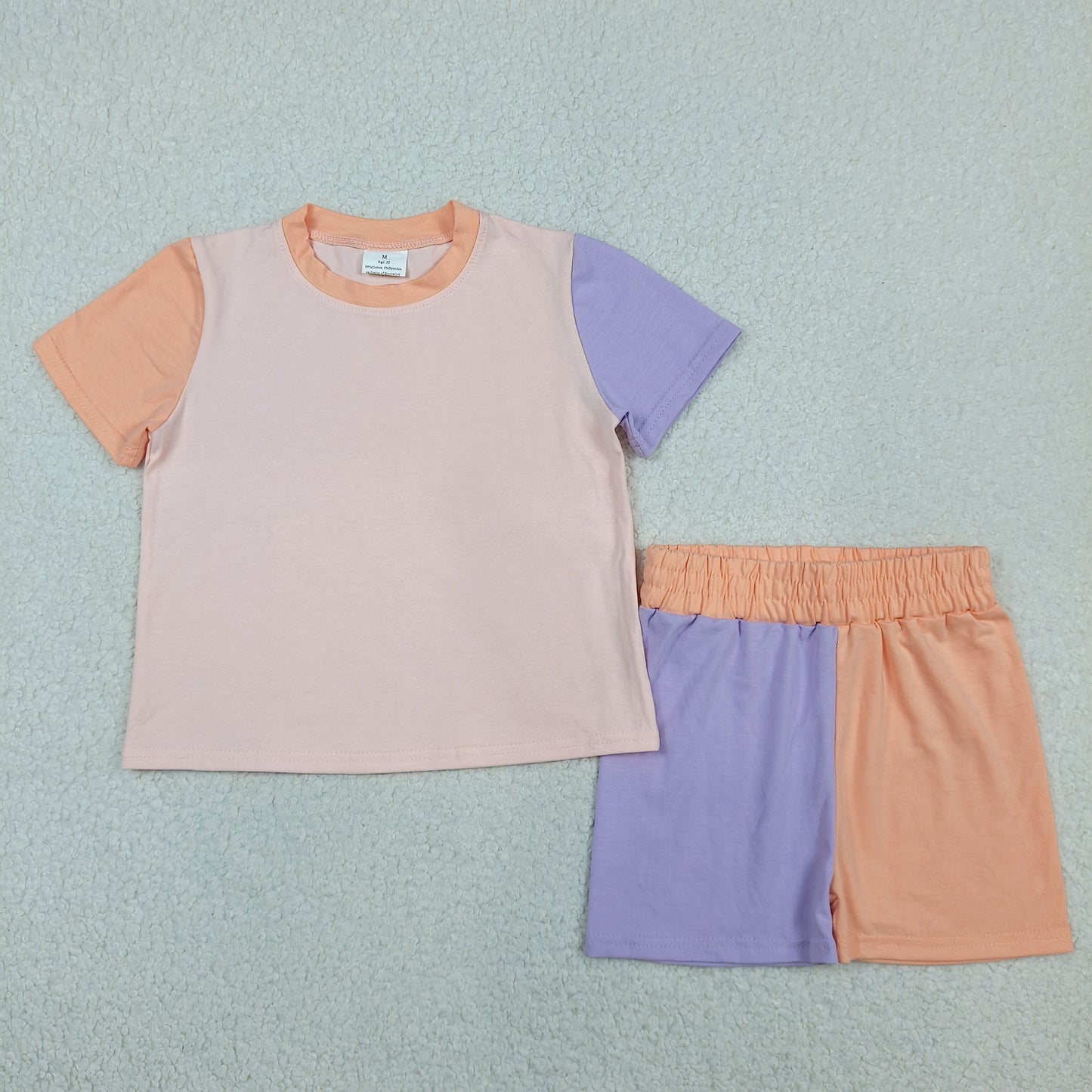 GSSO3504 Blue Pink Patchwork Short Sleeve Shorts Girls Sets 202604 RTS