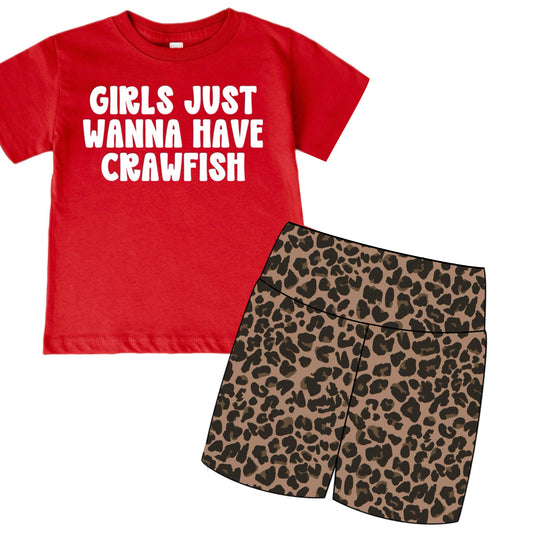 MOQ 5 PCS Preorder GSSO3505 Crawfish Letter Red Short Sleeve Leopard Shorts Girls Sets 202603