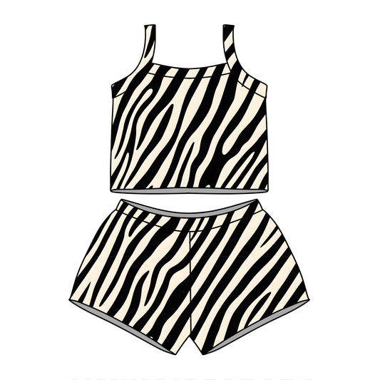 MOQ 5 PCS Preorder GSSO3508 Beige Black Stripe Sleeveless Shorts Girls Sets 202603