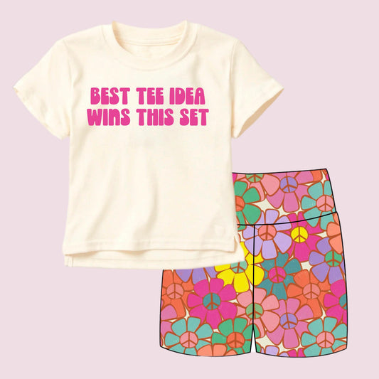 MOQ 5 PCS Preorder GSSO3510 Best Letter Beige Short Sleeve Colored Flower Shorts Girls Sets 202603