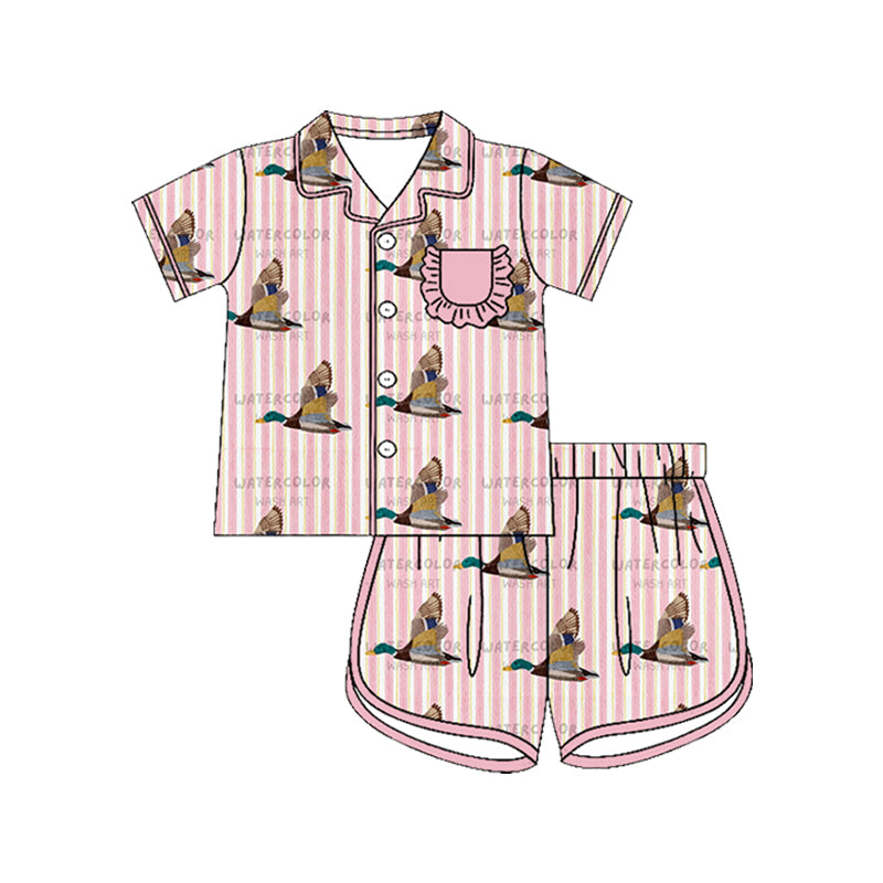 MOQ 5 PCS Preorder GSSO3511 Duck Pink Stripe Ruffle Pocket Polo Buttons Short Sleeve Shorts Girls Pajama Sets 202603