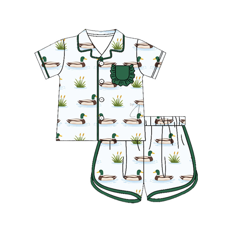 MOQ 5 PCS Preorder GSSO3513 Duck Green Ruffle Pocket White Polo Buttons Short Sleeve Shorts Girls Pajama Sets 202603