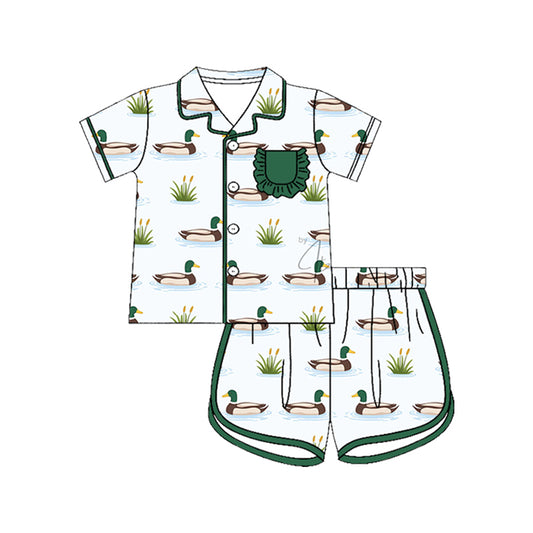 MOQ 5 PCS Preorder GSSO3513 Duck Green Ruffle Pocket White Polo Buttons Short Sleeve Shorts Girls Pajama Sets 202603