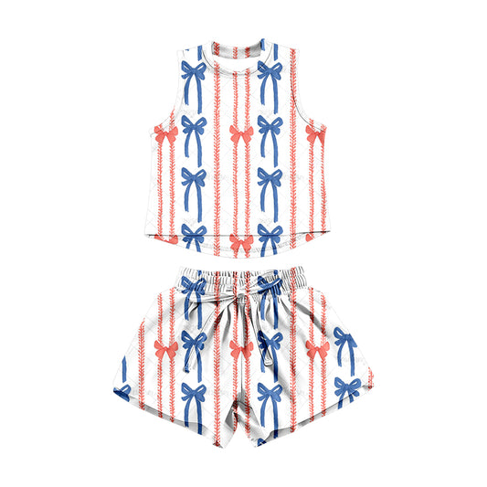 MOQ 5 PCS Preorder GSSO3515 4th of July Red Blue Bows Sleeveless Shorts Girls Sets 202603