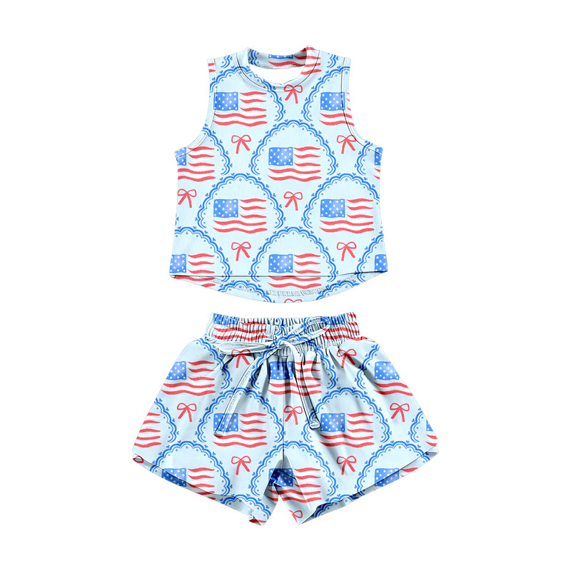 MOQ 5 PCS Preorder GSSO3517 4th of July Flag Bows Blue Sleeveless Shorts Girls Sets 202603