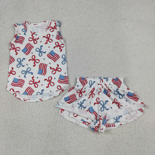 GSSO3520 4th of July Flag Red Blue Bows Star Sleeveless Shorts Girls Sets 202605 RTS