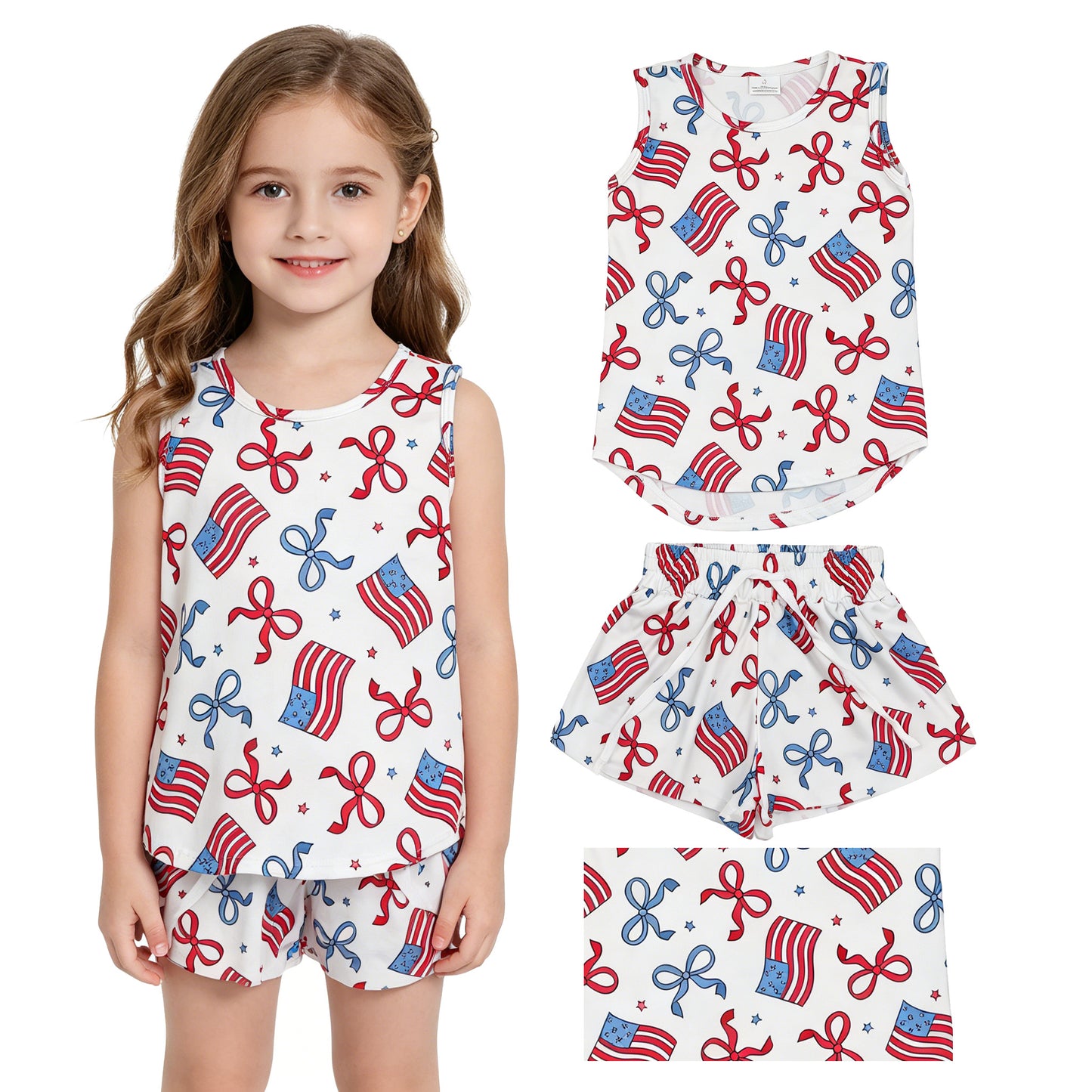 GSSO3520 4th of July Flag Red Blue Bows Star Sleeveless Shorts Girls Sets 202605 RTS