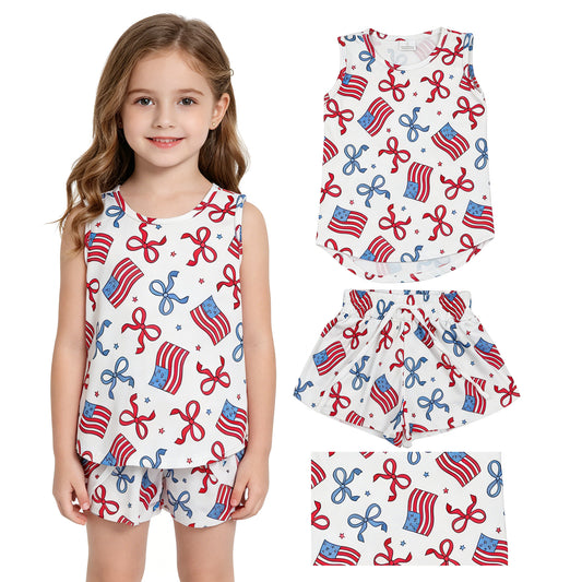 GSSO3520 4th of July Flag Red Blue Bows Star Sleeveless Shorts Girls Sets 202605 RTS