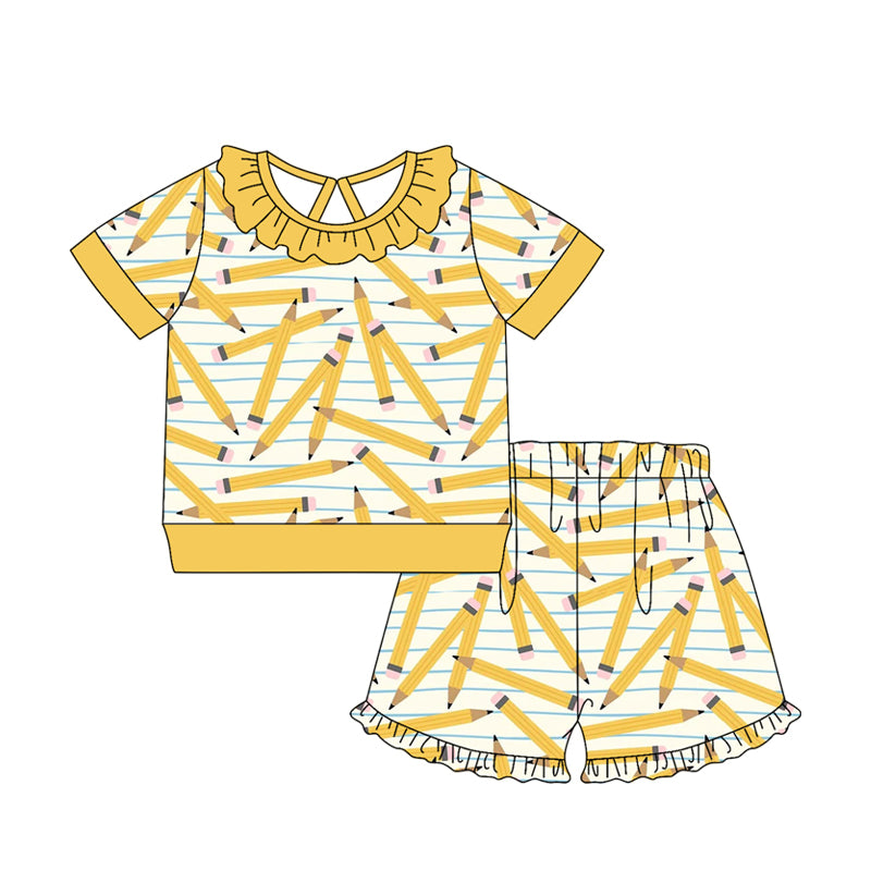 MOQ 5 PCS Preorder GSSO3521 Back to School Pencil Yellow Ruffle Short Sleeve Shorts Girls Sets 202603