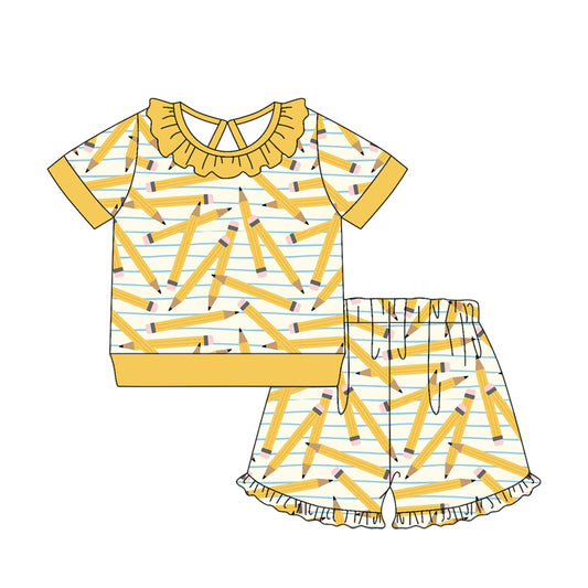 MOQ 5 PCS Preorder GSSO3521 Back to School Pencil Yellow Ruffle Short Sleeve Shorts Girls Sets 202603