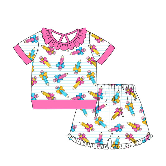 MOQ 5 PCS Preorder GSSO3522 Back to School Pencil Bows Rose Red Ruffle Short Sleeve Shorts Girls Sets 202603