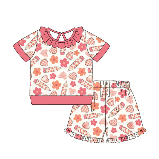 MOQ 5 PCS Preorder GSSO3524 Back to School Flower Pencil Love Coral Red Ruffle Short Sleeve Shorts Girls Sets 202603