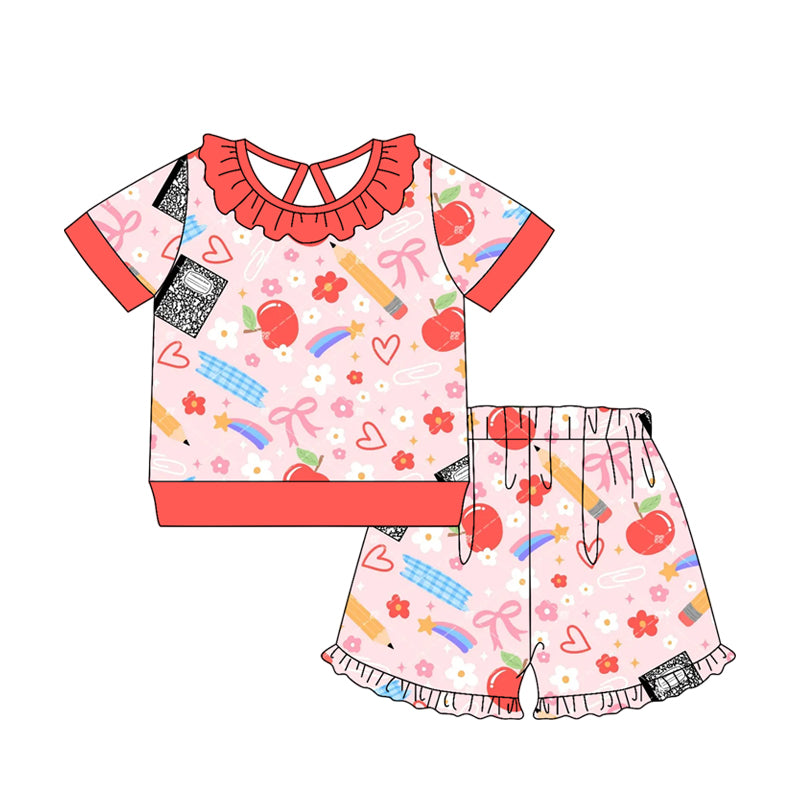 MOQ 5 PCS Preorder GSSO3525 Back to School Flower Pencil Apple Love Red Ruffle Short Sleeve Shorts Girls Sets 202603