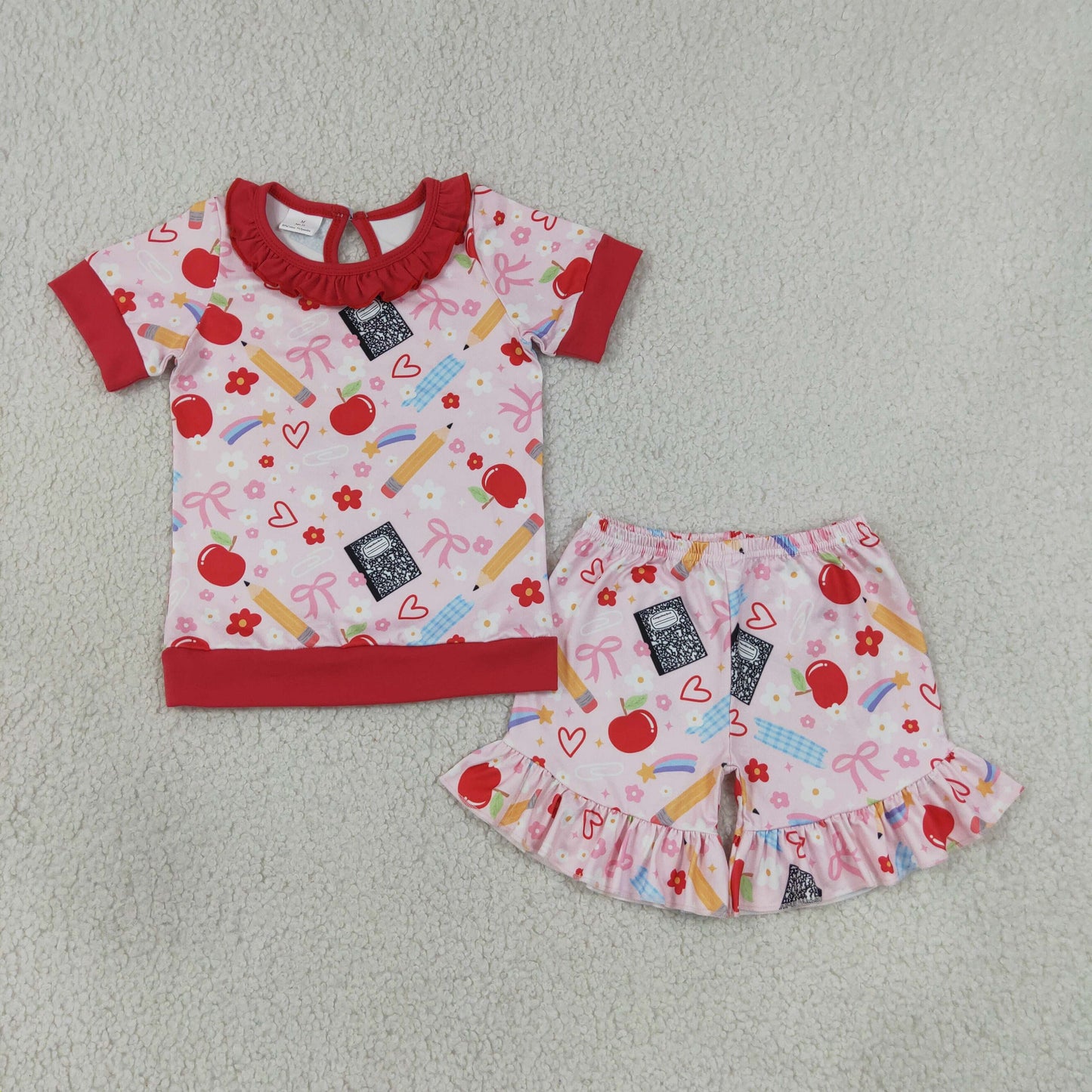 GSSO3525 Back to School Flower Pencil Apple Love Red Ruffle Short Sleeve Shorts Girls Sets 202607 RTS