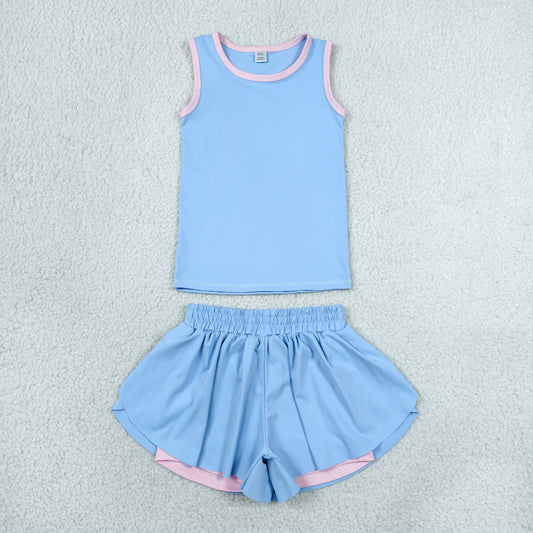 GSSO3527 Blue Sleeveless with Double Layer Shorts Girls Yoga Sets 202606 RTS