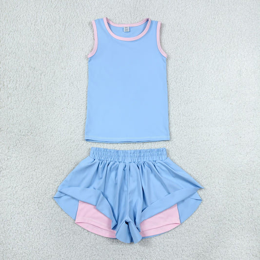 GSSO3527 Blue Sleeveless with Double Layer Shorts Girls Yoga Sets 202606 RTS